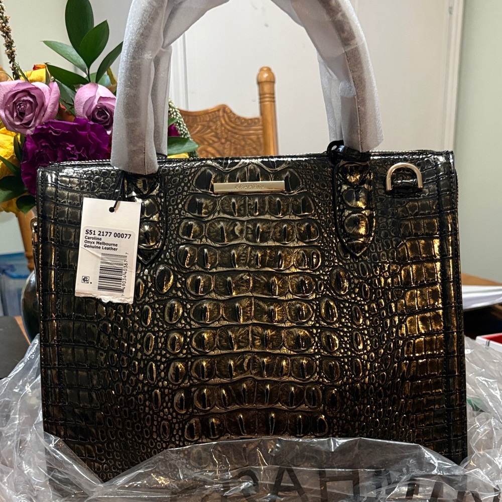 Brahmin Black and Gold Croc-Embossed Tote